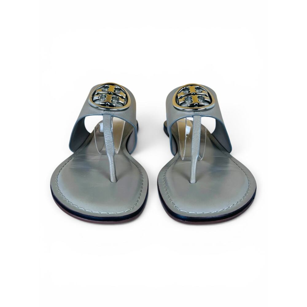 Tory Burch Benton Band Gray Heron Silver Leather Thong Sandals Size 10 - Picture 2 of 7